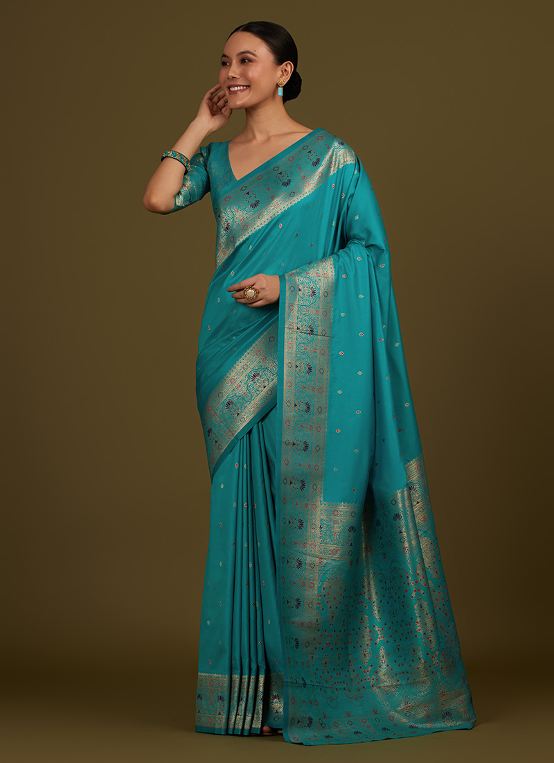 Cyan Blue Banarasi Silk Zari Brocade Woven Saree