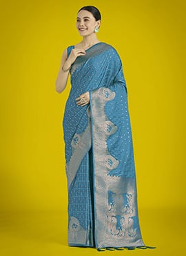 Cyan Blue Banarasi Silk Zari Woven Saree