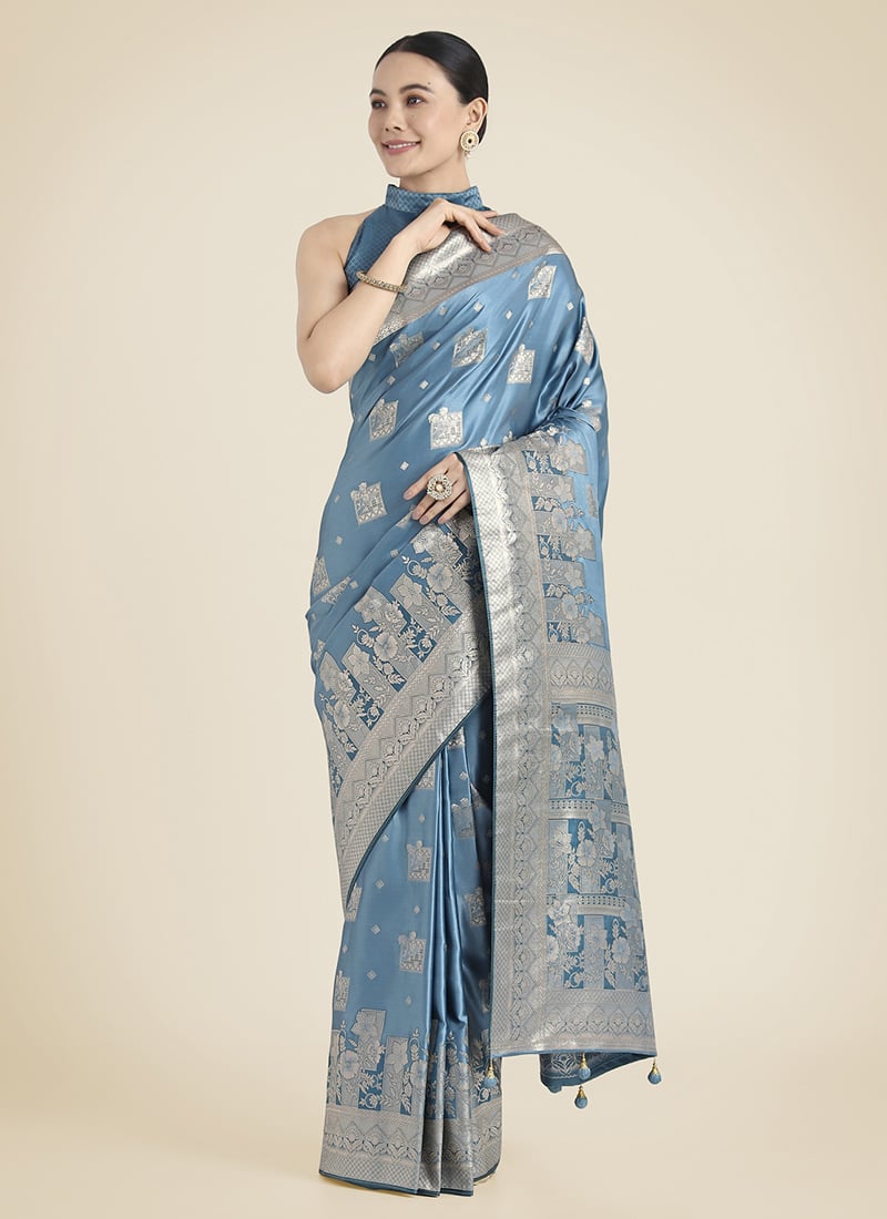 Cyan Blue Banarasi Silk Zari Woven Saree Festive Wear