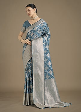 Cyan Blue Banarasi Silk Zari Woven Saree