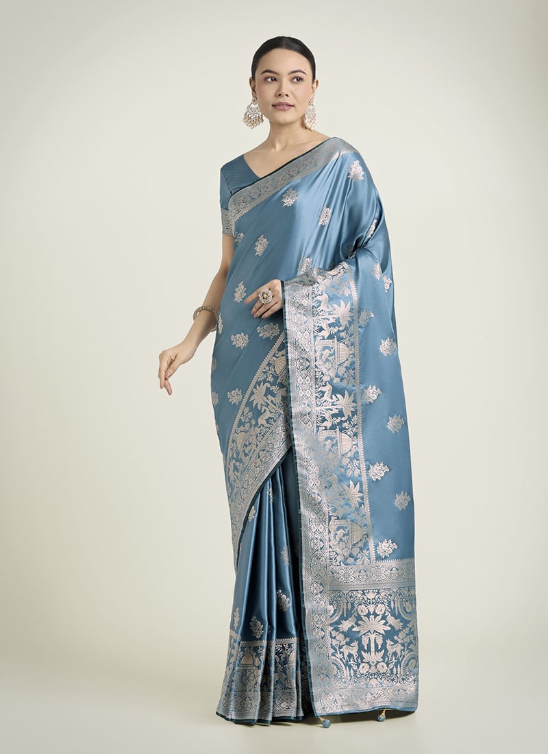 Cyan Blue Banarasi Silk Zari Woven Saree