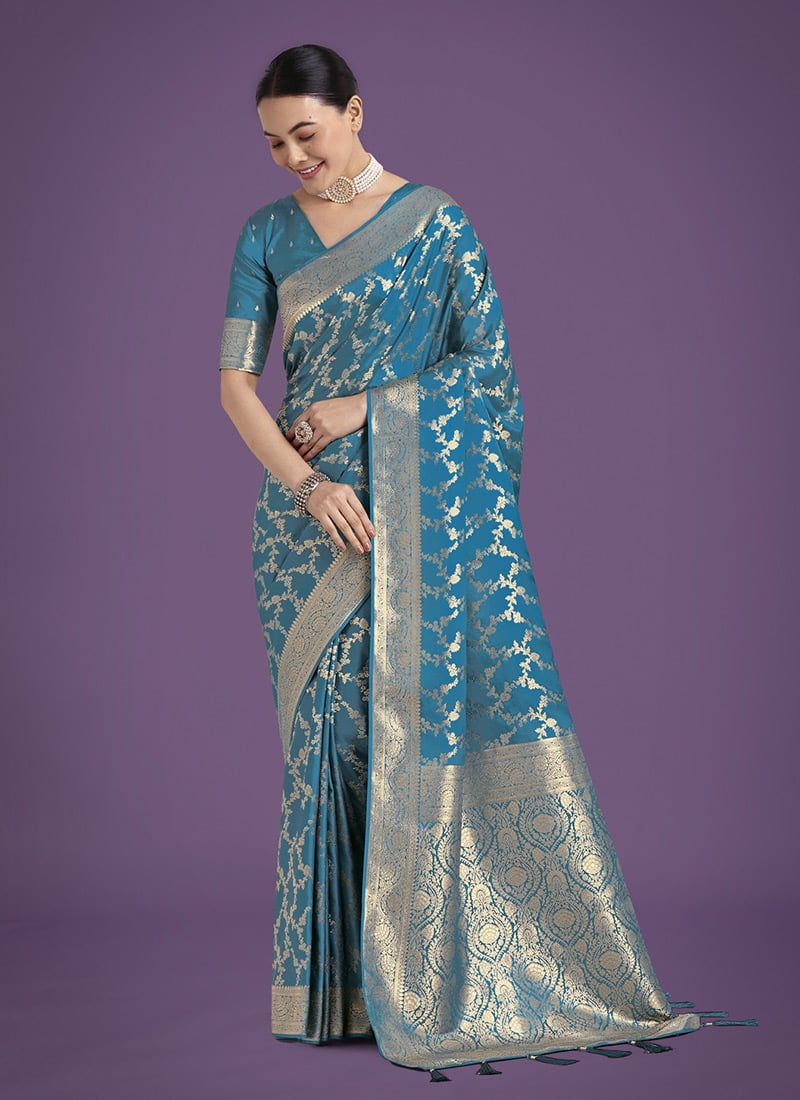 Cyan Blue Banarasi Silk Zari Woven Saree Festive Wear