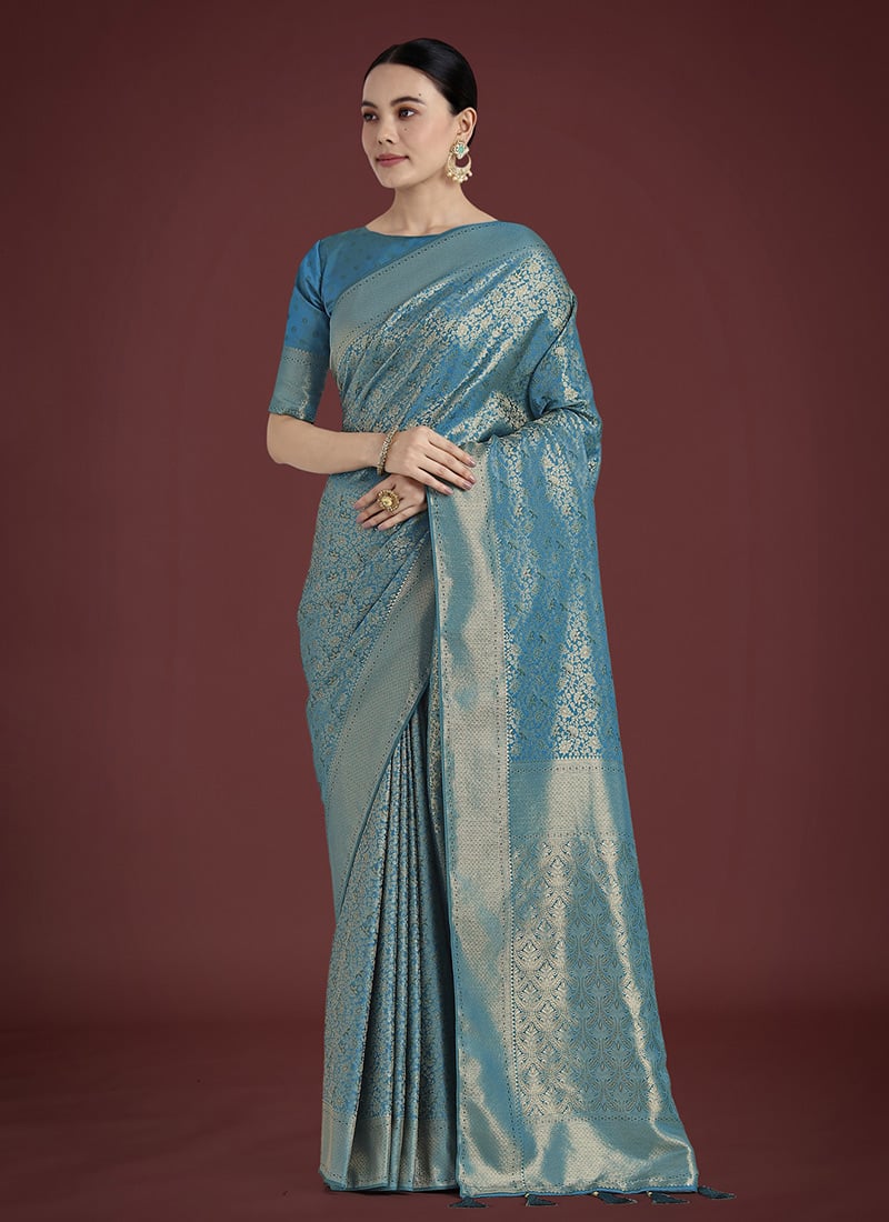 Cyan Blue Banarasi Silk Zari Woven Saree Festive Wear
