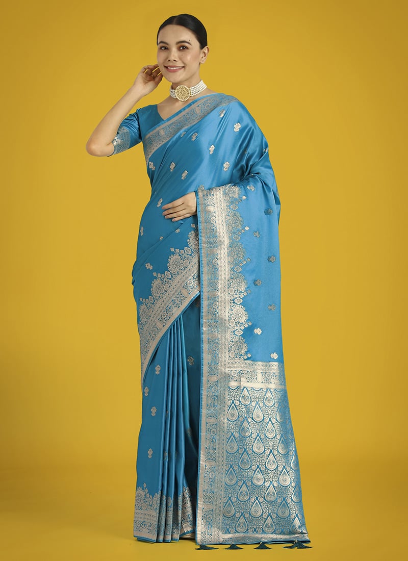 Cyan Blue Banarasi Silk Zari Woven Saree Festive Wear