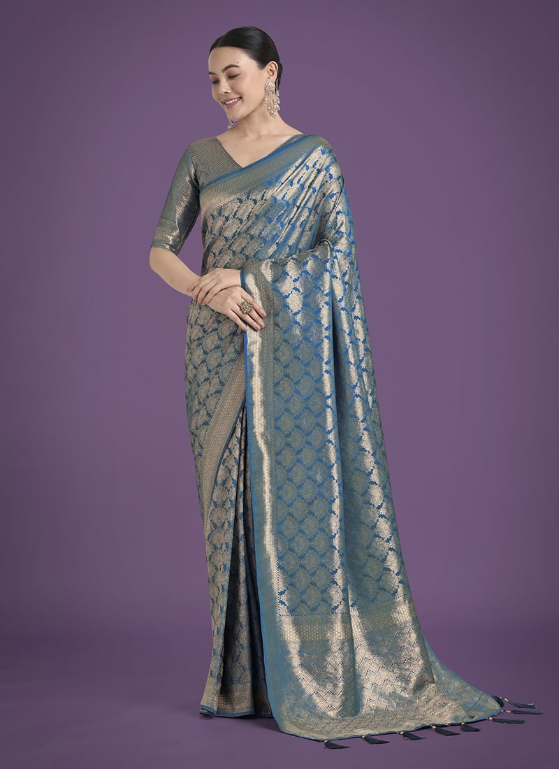 Cyan Blue Banarasi Silk Zari Woven Saree Festive Wear