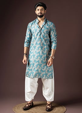 Cyan Blue Blended Cotton Printed Kurta Pyjama