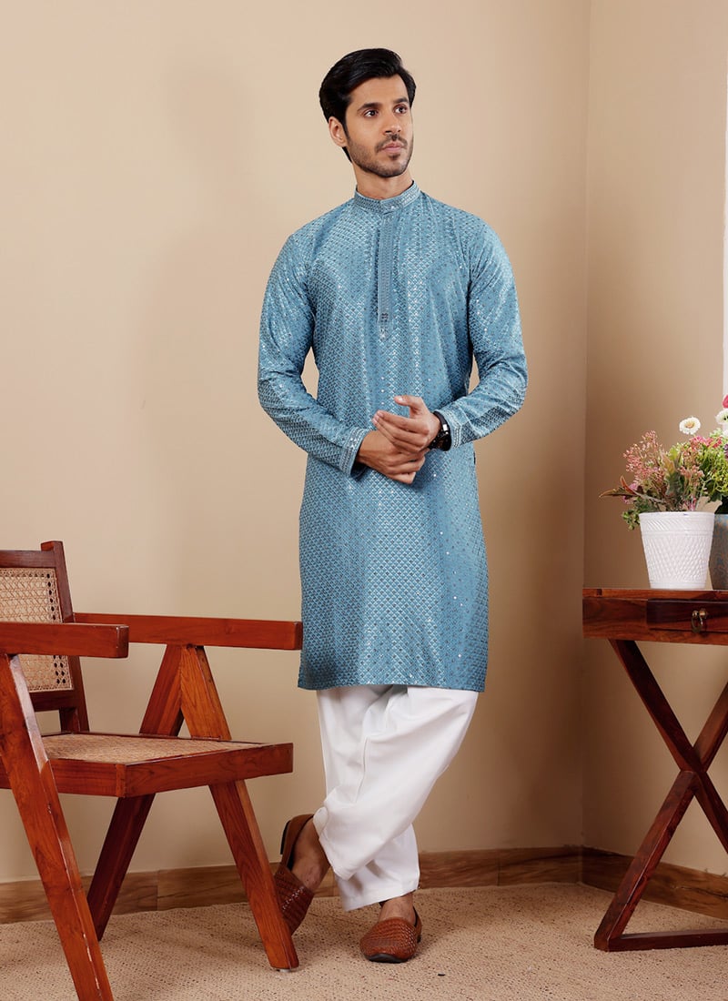 Cyan Blue Viscose Embroidered Chikankari Work Kurta