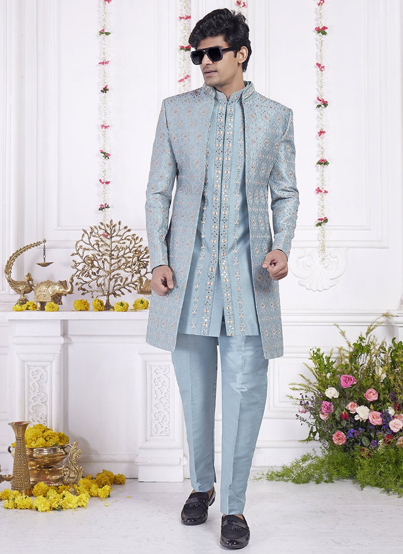Cyan Silk Hand Embroidered Sequins Stone Work Indowestern Sherwani Wedding Wear
