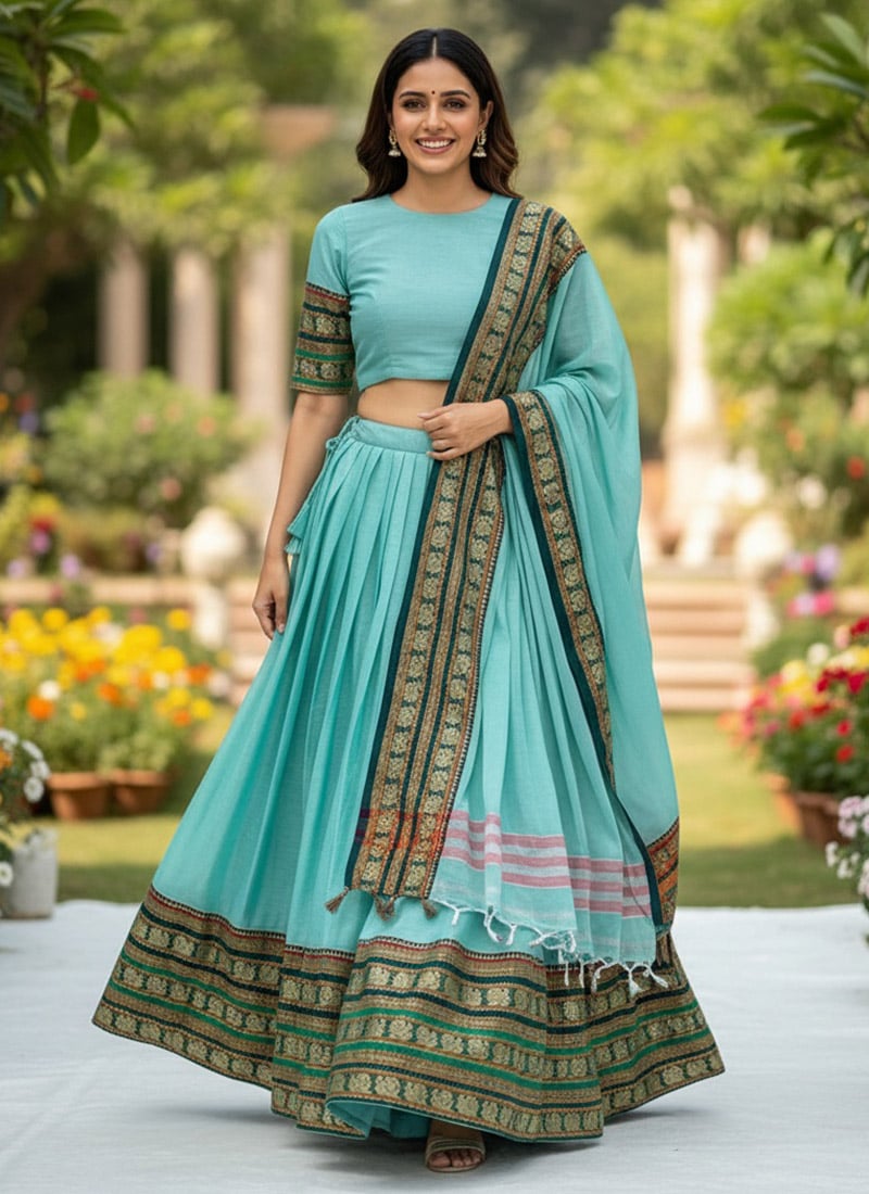 Cyan Sky Chanderi Cotton Zari Jacquard Wowen Lehenga Festive Wear