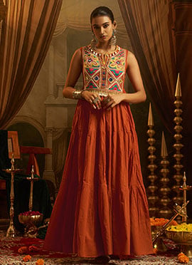Dandiya Night Gown Rust Orange Cotton Hand Embroidered Mirror Work