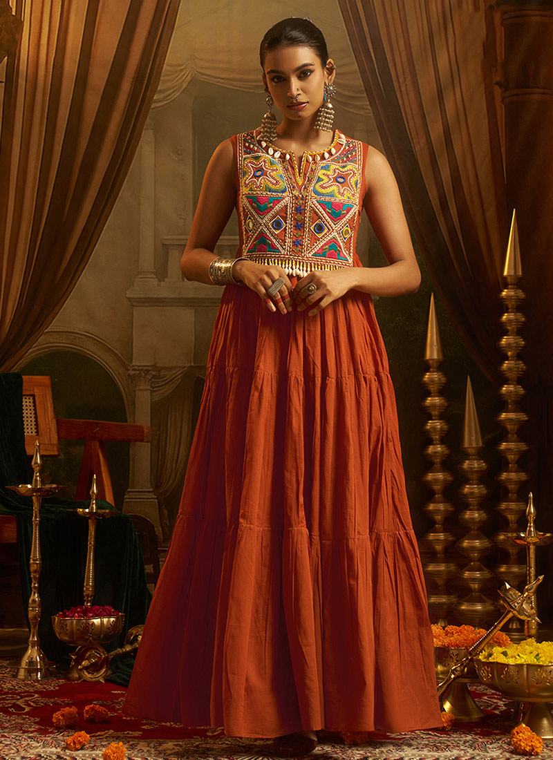 Dandiya Night Gown Rust Orange Cotton Hand Embroidered Mirror Work After Six Wear