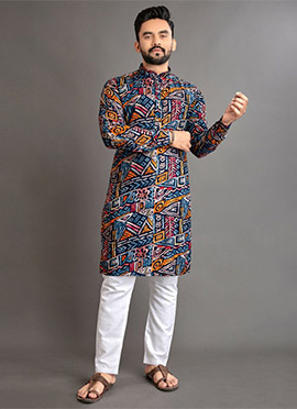 Dapper Blue Cotton Kurta Pyjama With Foil Print