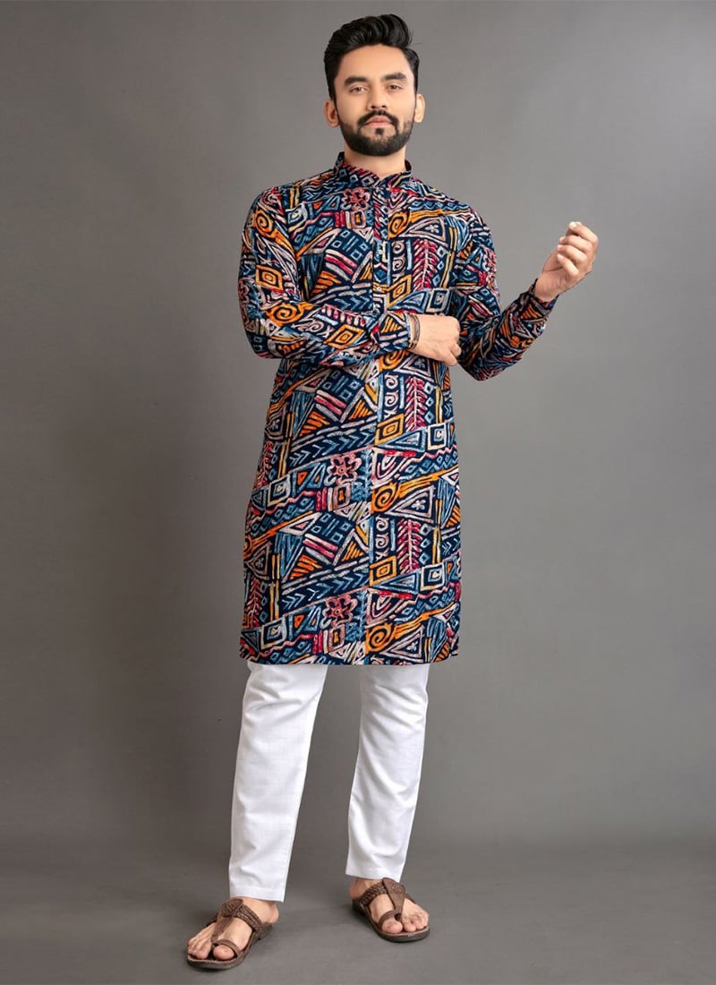 Dapper Blue Cotton Kurta Pyjama With Foil Print Festive Wear