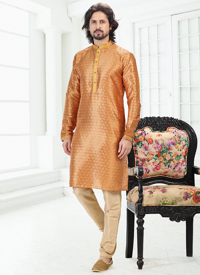 Dark Beige Banarasi Silk Digital Pinted Kurta Pyjama Festive Wear