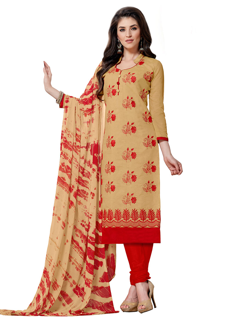 Buy Dark Beige Churidar Suit, Chanderi , Embroidered, churidar suit