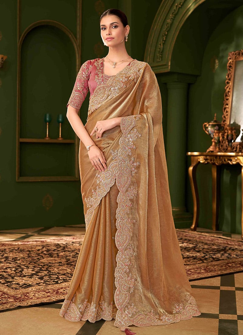 Dark Beige Georgette Zari Embroidered Sequins Saree Wedding Wear
