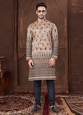 Dark Beige Silk Embroidered Sequins Kurta Pyjama
