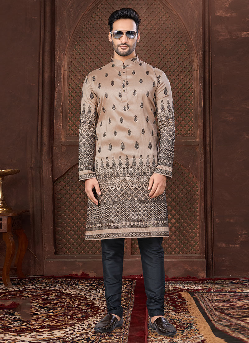 Dark Beige Silk Embroidered Sequins Kurta Pyjama Festive Wear