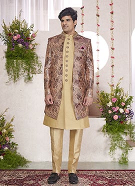Dark Beige Silk Hand Embroidered Digital Print Indowestern Sherwani