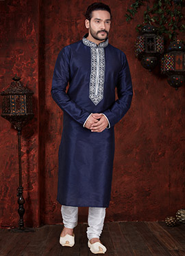 Dark Blue Art Benarasi Silk Kurta Pyjama