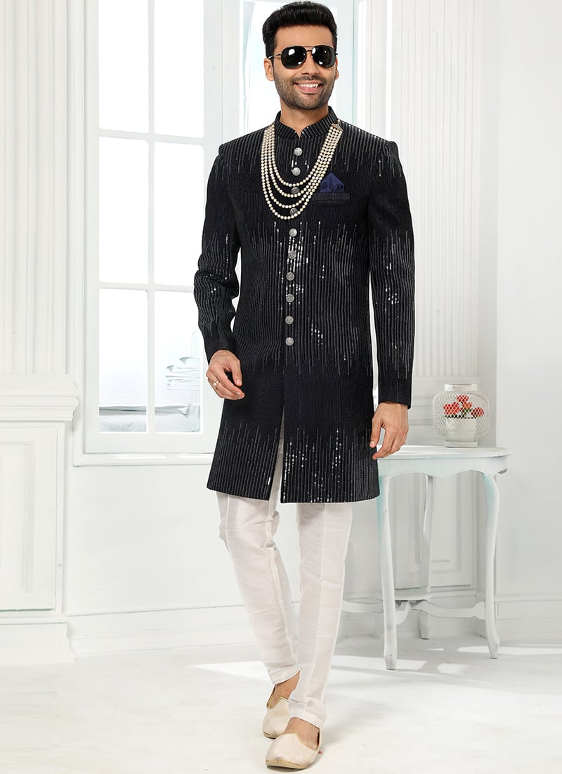 Dark Blue Art silk Stones Work Classic Sherwani Party Wear