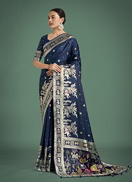 Dark Blue Banarasi Silk Zari Woven Saree