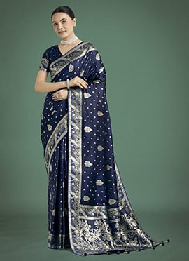 Dark Blue Banarasi Silk Zari Woven Saree