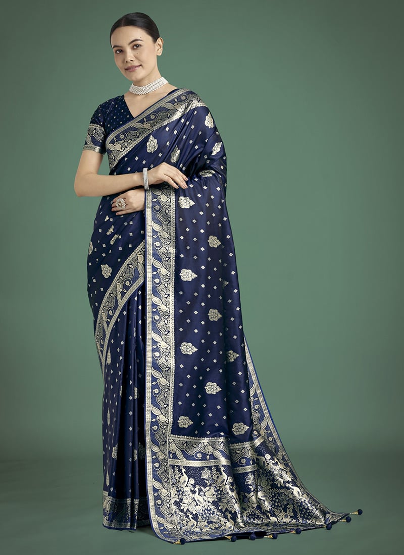 Dark Blue Banarasi Silk Zari Woven Saree Festive Wear