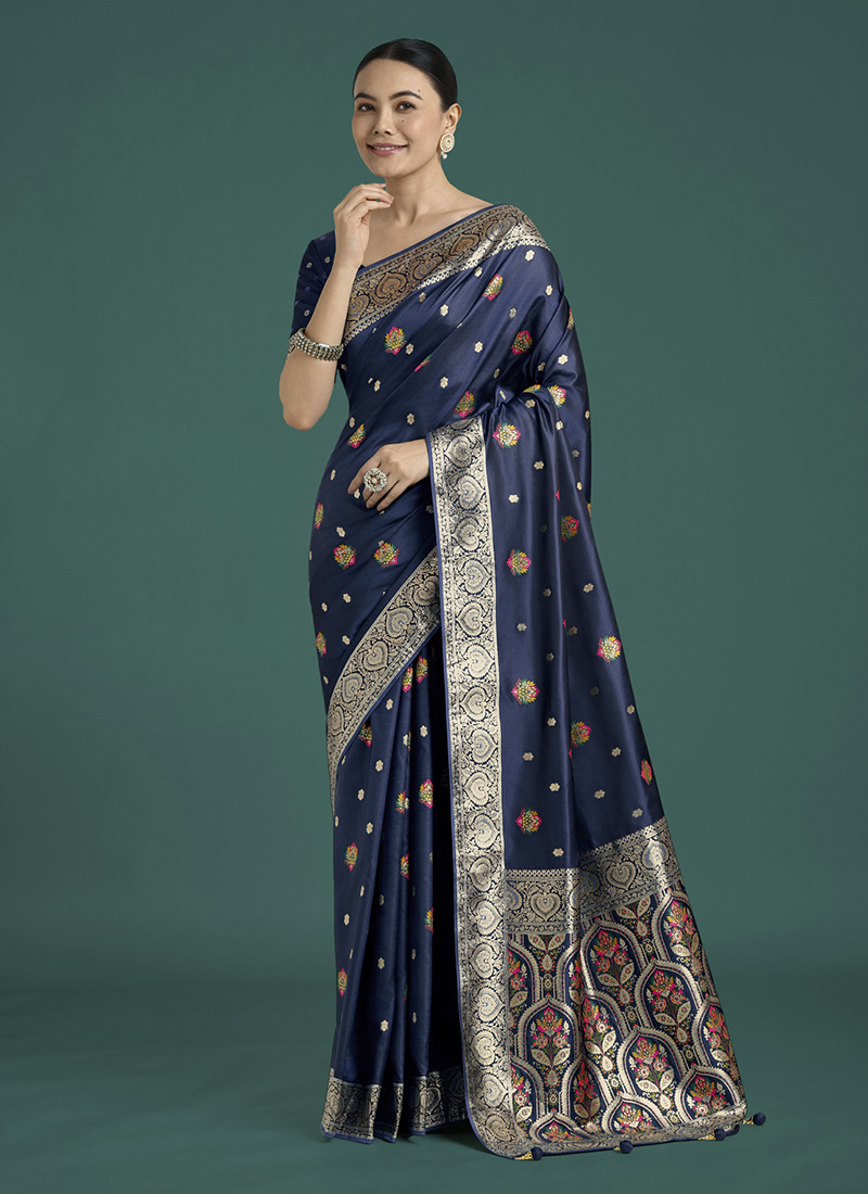 Dark Blue Banarasi Silk Zari Woven Saree Festive Wear