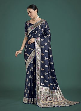 Dark Blue Banarasi Silk Zari Woven Saree