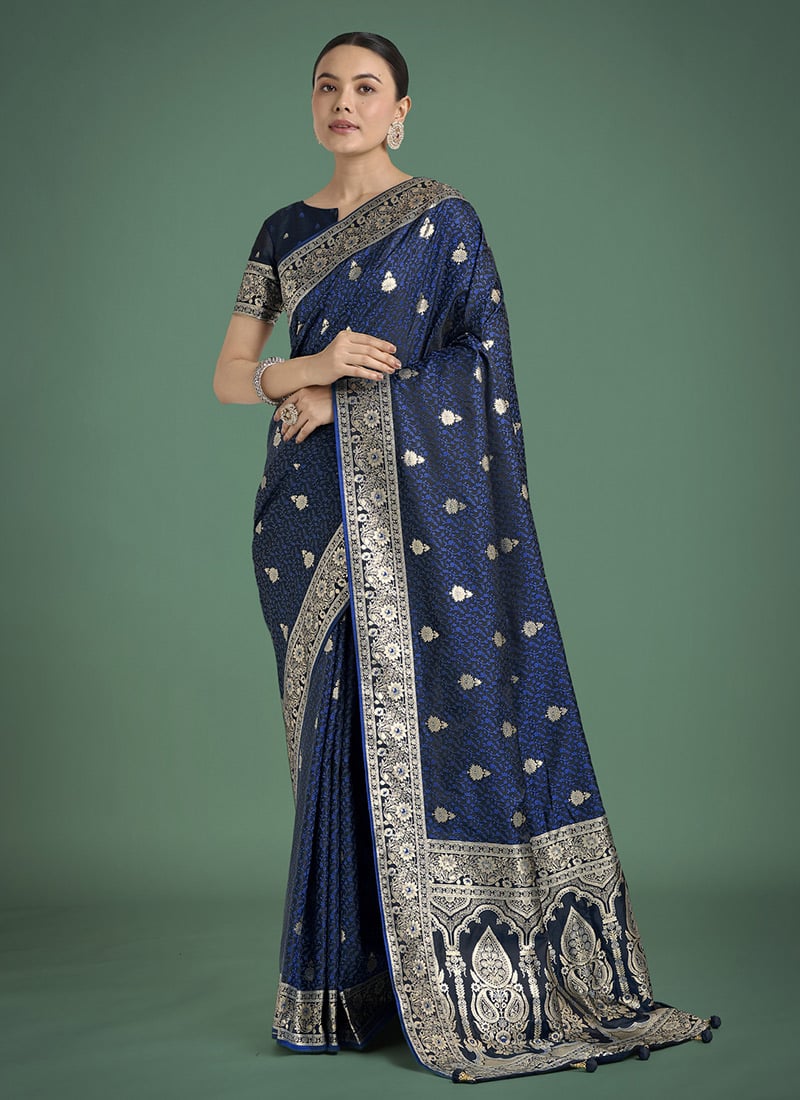 Dark Blue Banarasi Silk Zari Woven Saree Festive Wear