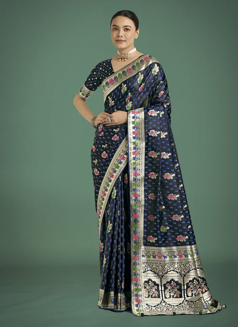 Dark Blue Banarasi Silk Zari Woven Saree Festive Wear