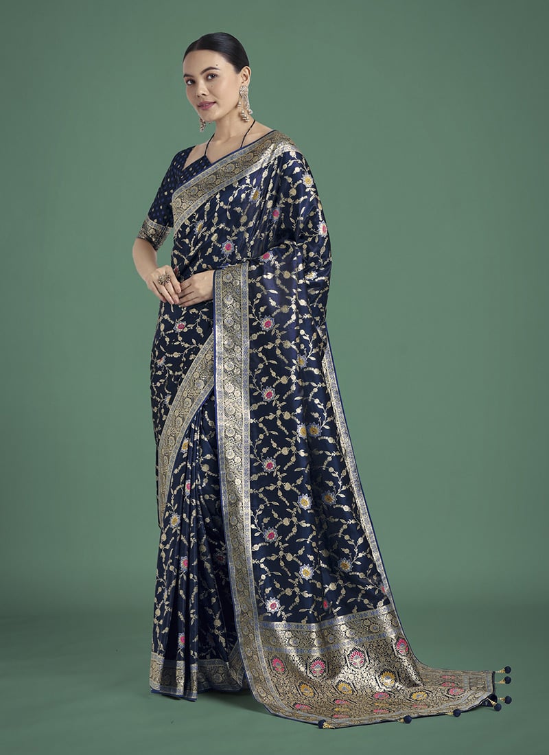 Dark Blue Banarasi Silk Zari Woven Saree