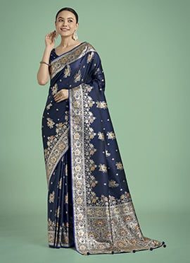 Dark Blue Banarasi Silk Zari Woven Saree