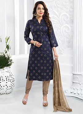 Dark Blue Brocade Silk Embroidered Churidar Suit