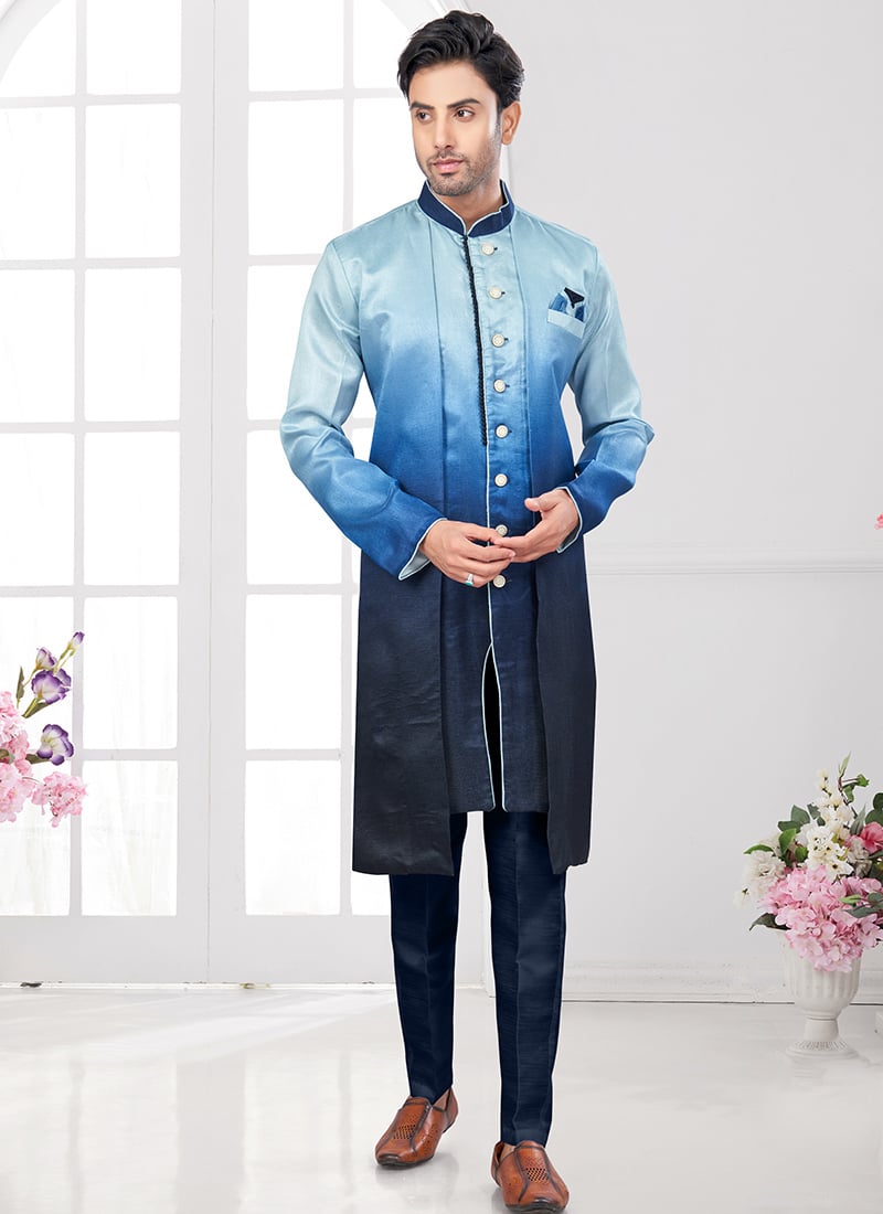 Dark Blue Champion Silk Indowestern Sherwani Wedding Wear