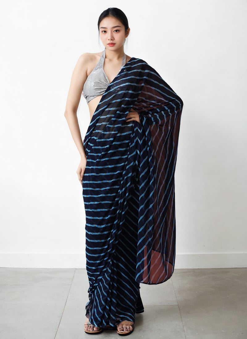 Dark Blue Chiffon Printed Pre Draped Saree After Six Wear