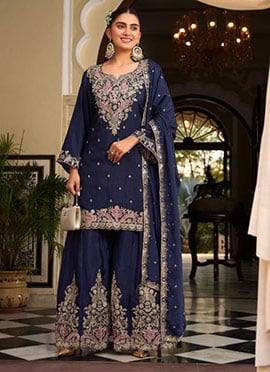 Dark Blue Chinon Silk Embroidered Sequins And Mirror Work Sharara Suit