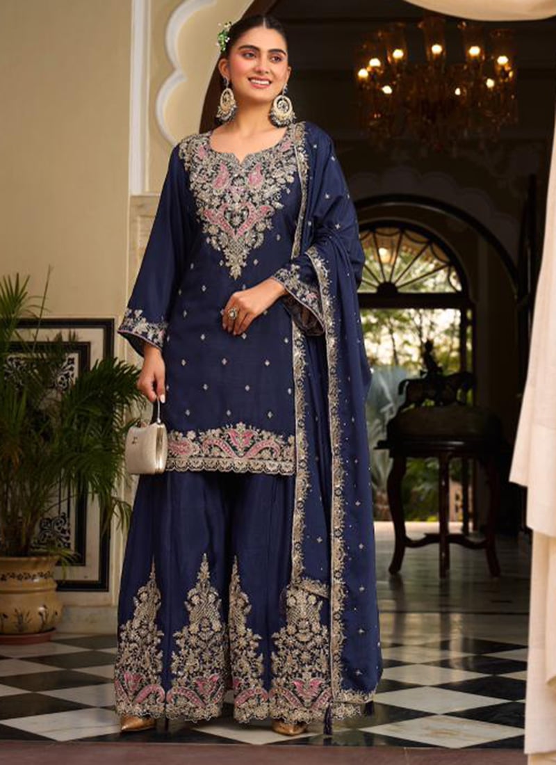 Dark Blue Chinon Silk Embroidered Sequins And Mirror Work Sharara Suit Festive Wear
