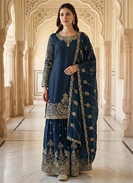 Dark Blue Chinon Silk Zari Embroidered Sequins Palazzo Suit