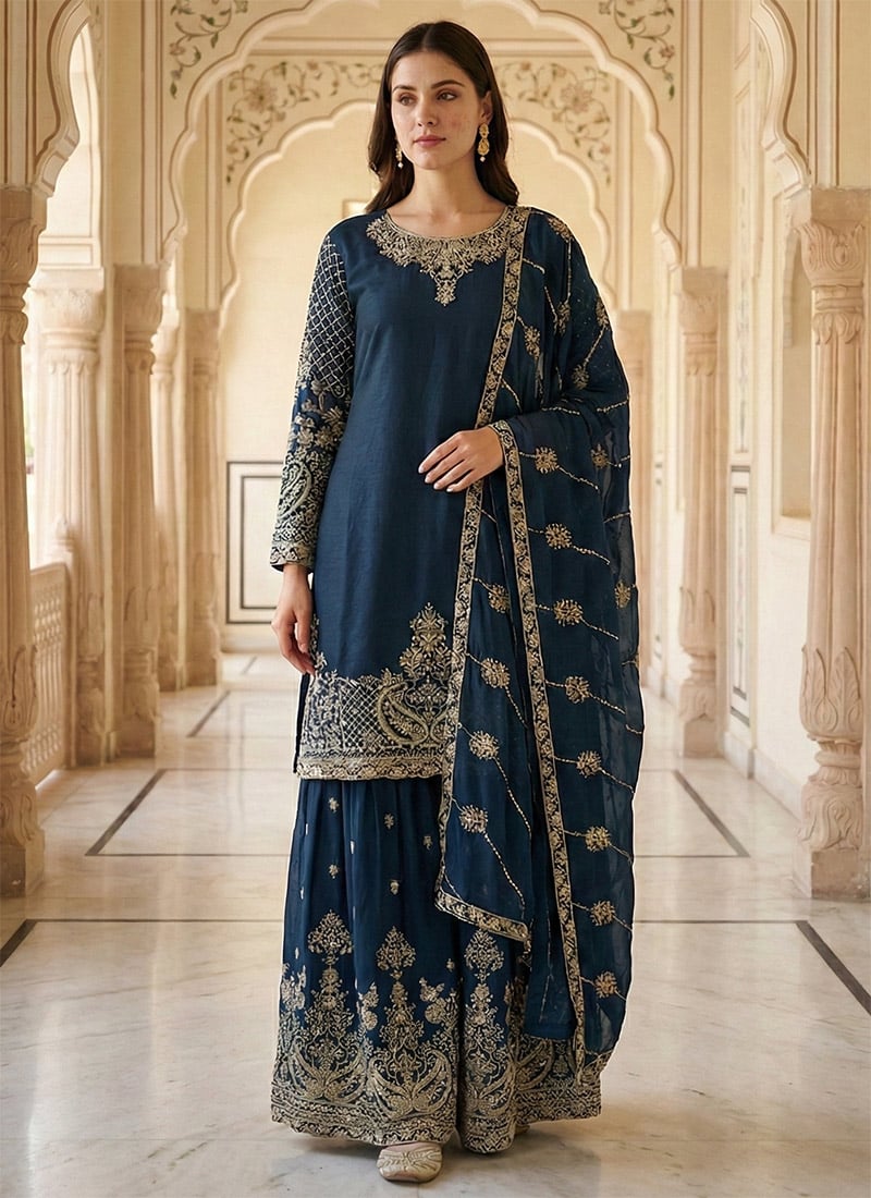 Dark Blue Chinon Silk Zari Embroidered Sequins Palazzo Suit Festive Wear