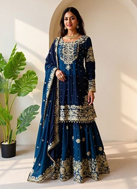 Dark Blue Chinon Zari Sequins Moti Sharara Suit