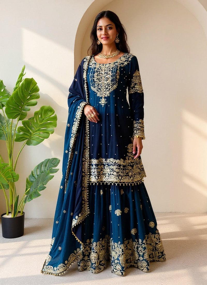 Dark Blue Chinon Zari Sequins Moti Sharara Suit Festive Wear