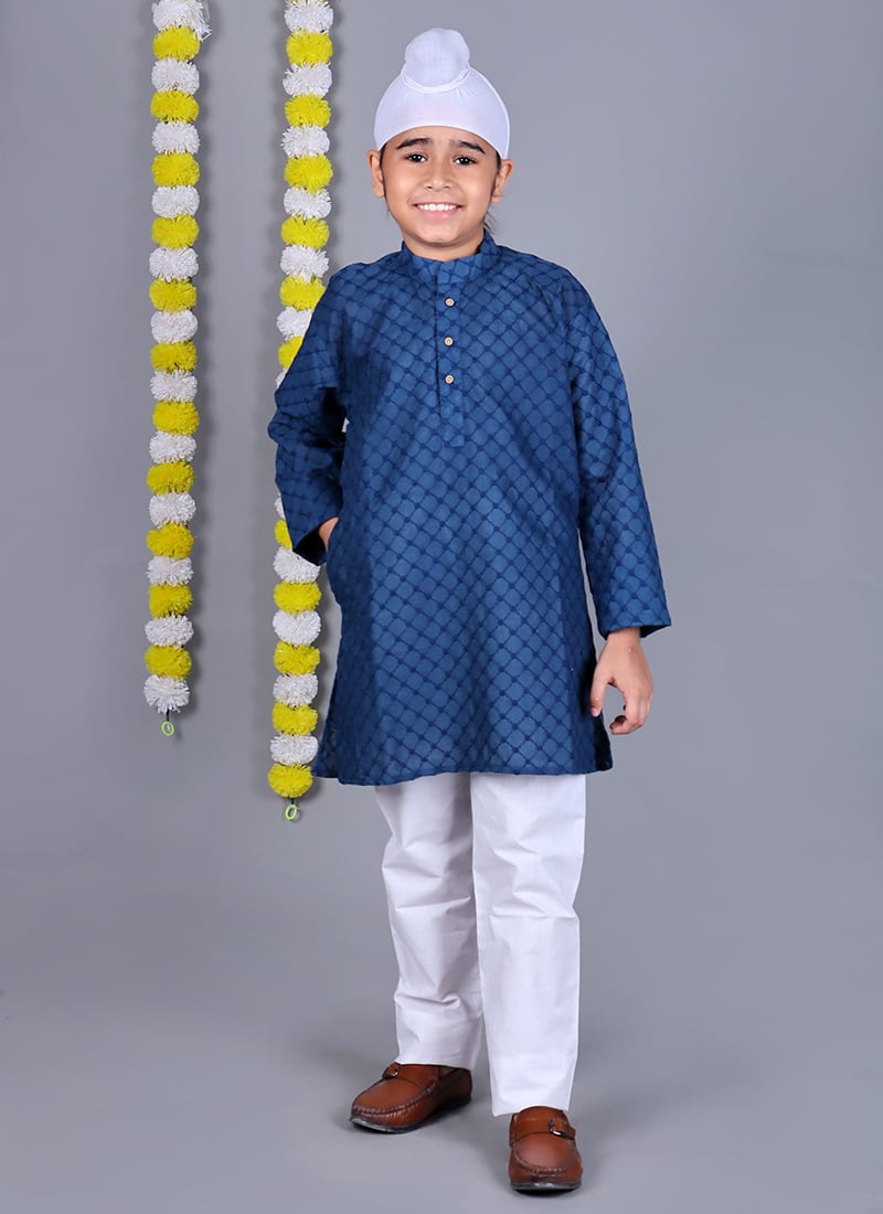 Dark Blue Cotton Embroidered Kids Boys Kurta Pyjama Festive Wear
