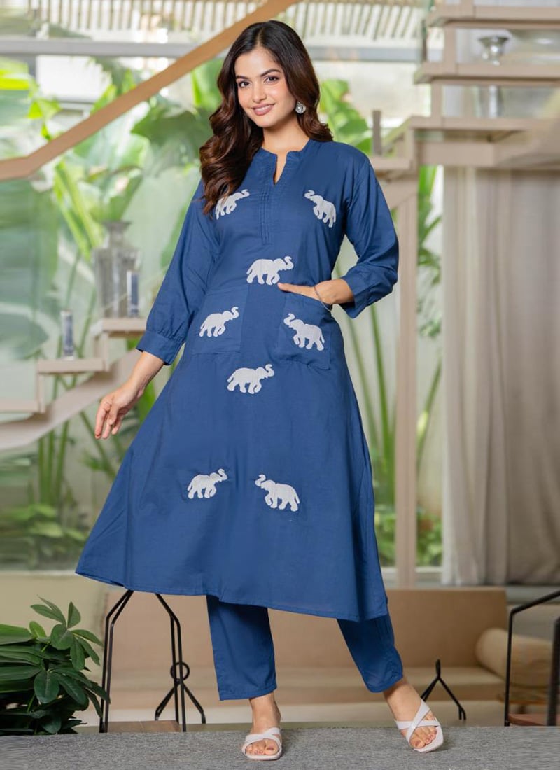 Dark Blue Cotton Embroidered Kurta Straight Pant Set After Six Wear