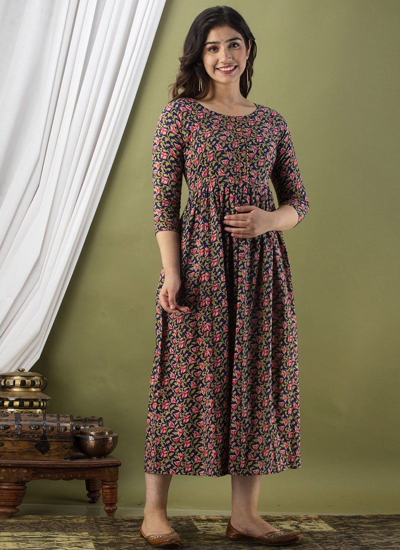 Dark Blue Cotton Printed Dress After Six Wear