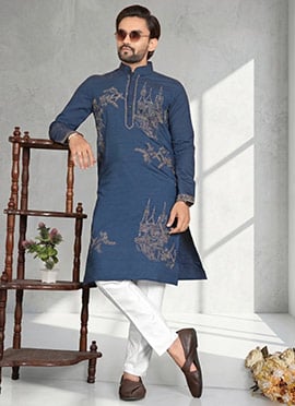 Dark Blue Cotton Silk Embroidered Mens Kurta