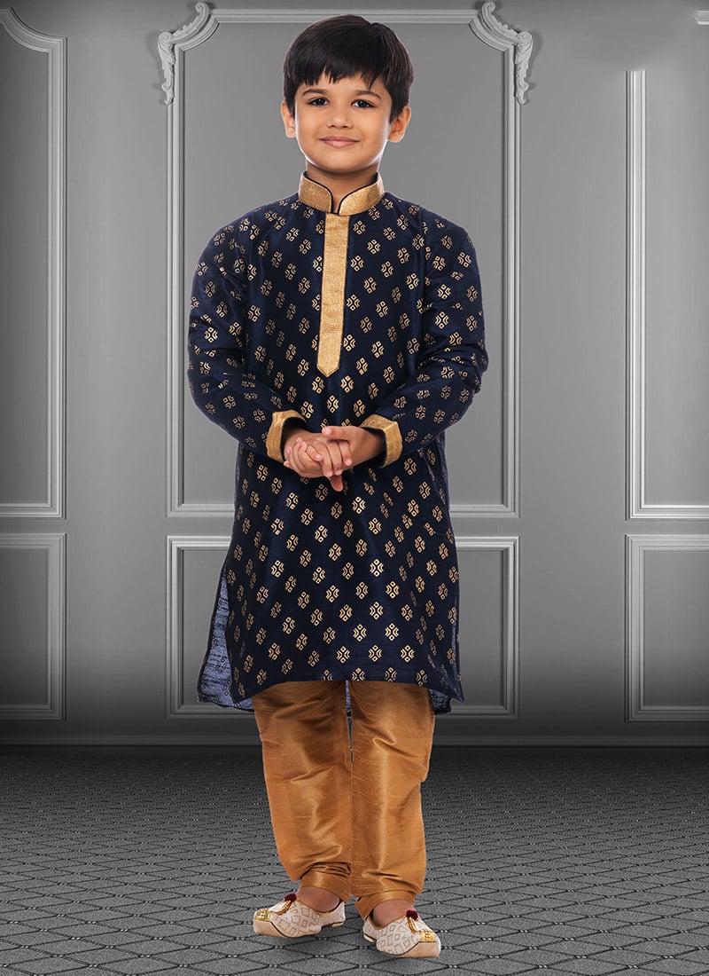 Dark Blue Dhupion Silk Foil Printed Boys Kurta Pyjama  Party Wear