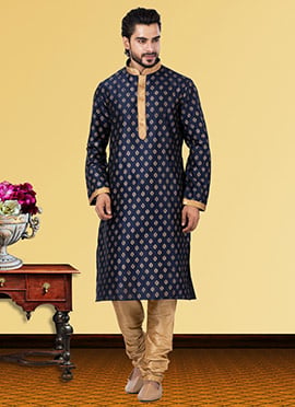 Dark Blue Dupion Silk Jacquard Kurta Pyjama