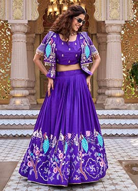 Dark Blue Embroidered Vichitra Silk Indo Western Long Skirt Set With Attached Jacket Crop Top